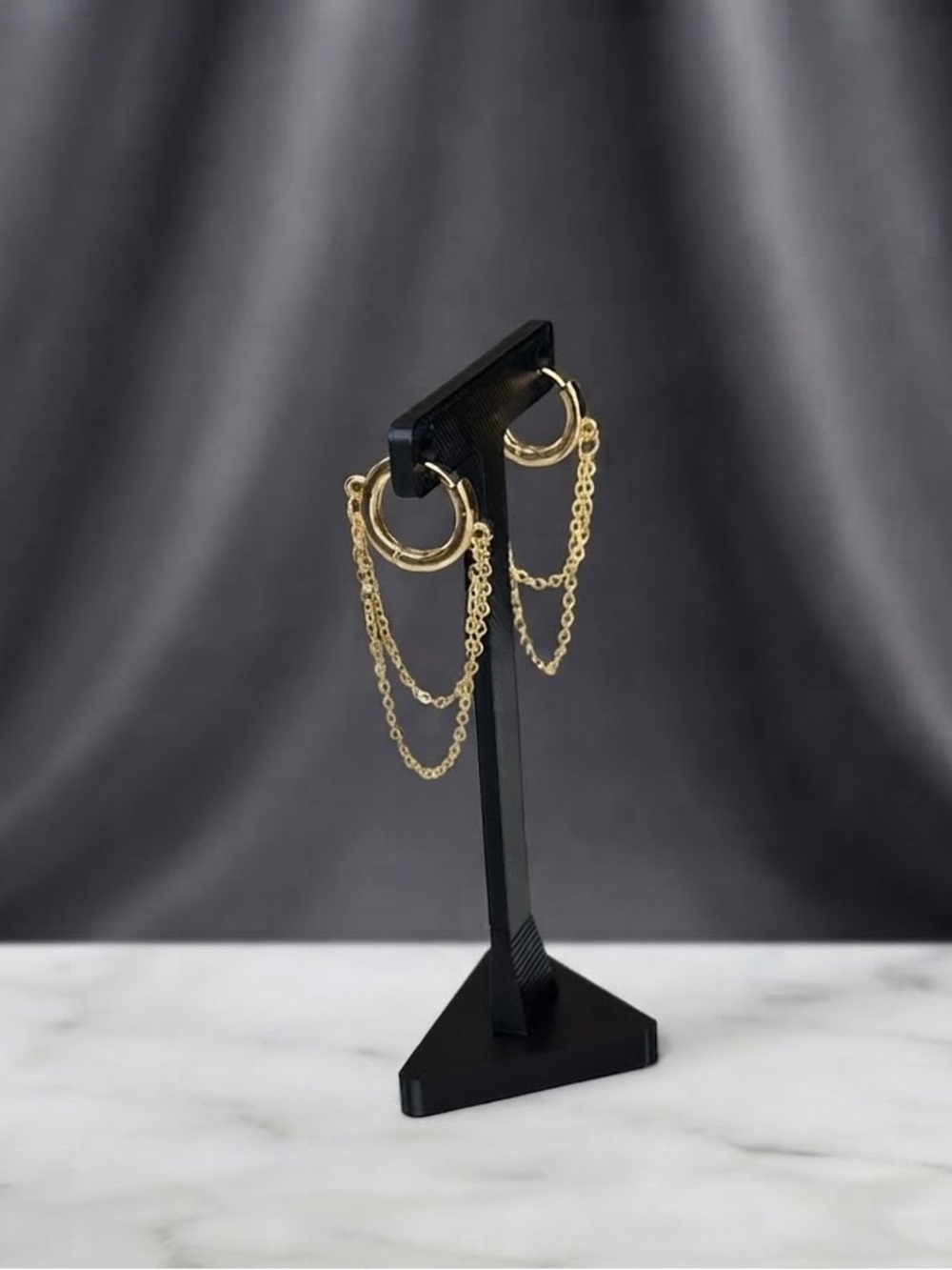 Small Gold Plated Huggie Hoop Earrings with Draping Chains - Picture 2 of 4